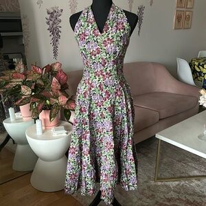 Vintage 50S purple and green floral halter midi dress.